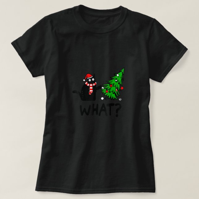 Funny Black Cat Gift Pushing Christmas Tree Over C T-Shirt (Design Front)