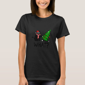 Funny Black Cat Gift Pushing Christmas Tree Over C T-Shirt