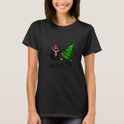 Funny Black Cat Gift Pushing Christmas Tree Over C T_Shirt