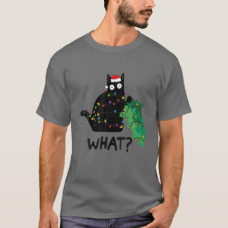 Funny Black Cat Gift Pushing Christmas Tree Over C T-Shirt