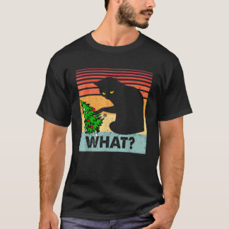 Funny Black Cat Gift Pushing Christmas Tree Over C T-Shirt