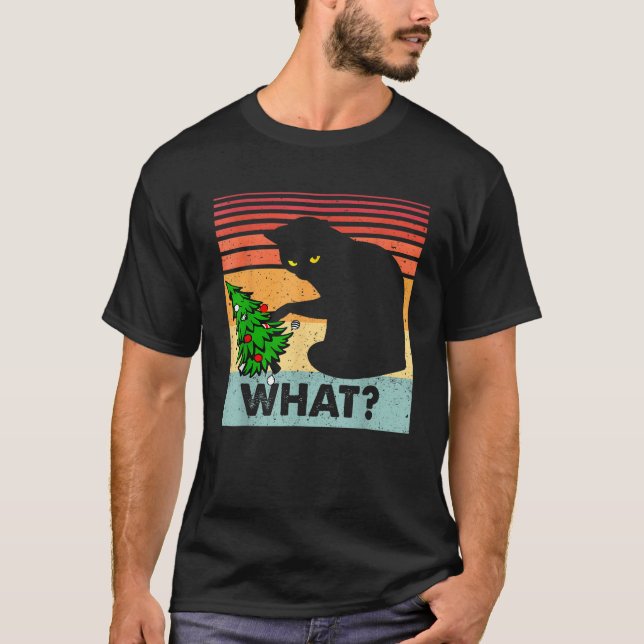 Funny Black Cat Gift Pushing Christmas Tree Over C T-Shirt (Front)