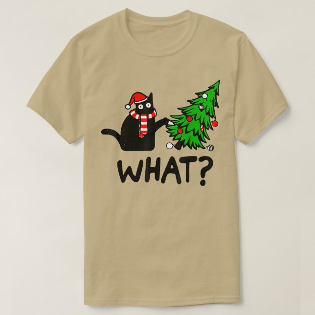 Funny Black Cat Gift Pushing Christmas Tree Over C T-Shirt (Design Front)