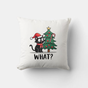 Funny Black Cat Gift Pushing Christmas Tree Over C Throw Pillow