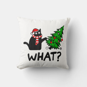 Funny Black Cat Gift Pushing Christmas Tree Over C Throw Pillow