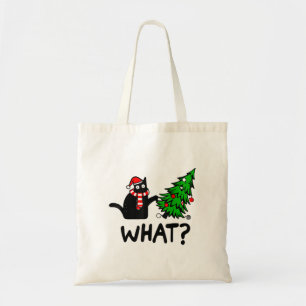 Funny Black Cat Gift Pushing Christmas Tree Over C Tote Bag