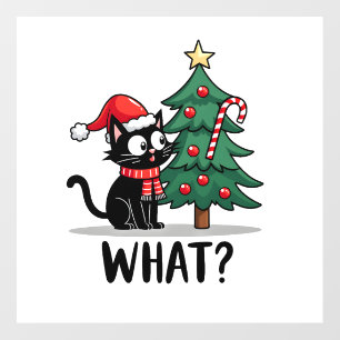 Funny Black Cat Gift Pushing Christmas Tree Over C Wall Decal