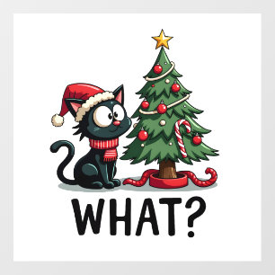 Funny Black Cat Gift Pushing Christmas Tree Over C Wall Decal