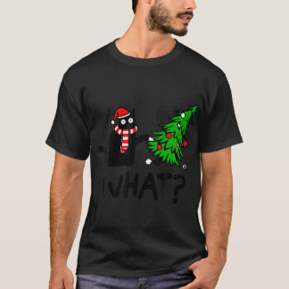 Funny Black Cat Gift Pushing Christmas Tree Over T-Shirt