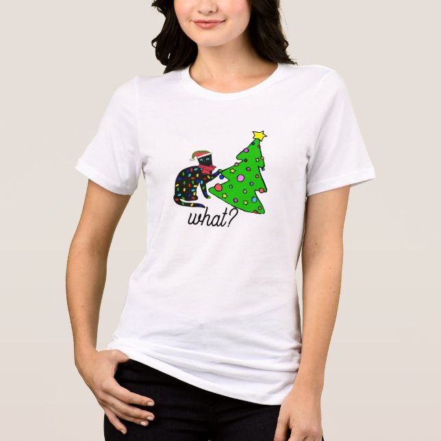 Funny Black Cat Gift Pushing Christmas Tree Over Tri-Blend Shirt (Front)