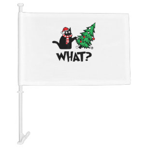 Funny Black Cat Gifts Pushing Christmas Tree Over Car Flag