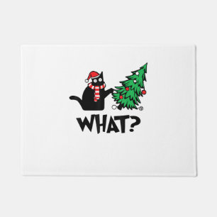 Funny Black Cat Gifts Pushing Christmas Tree Over  Doormat