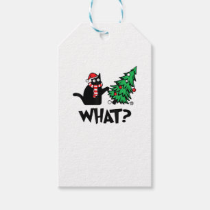 Funny Black Cat Gifts Pushing Christmas Tree Over  Gift Tags