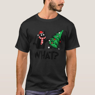 Funny Black Cat Gifts Pushing Christmas Tree Over T-Shirt
