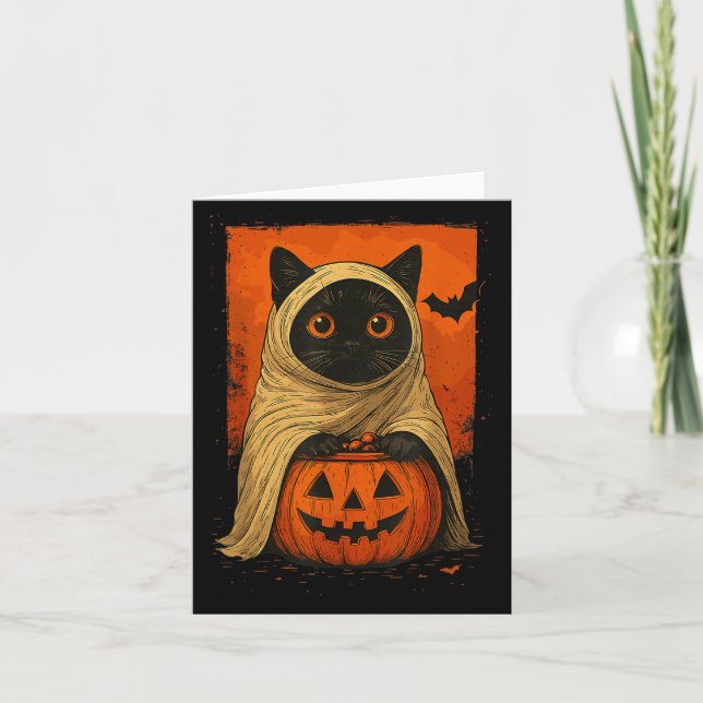 Funny Black Cat Halloween Pumpkin Spooky Ghost Cos Card (Front)