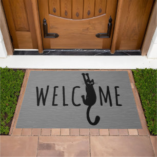 Funny Black Cat Hanging On Crazy Kitty Welcome Doormat