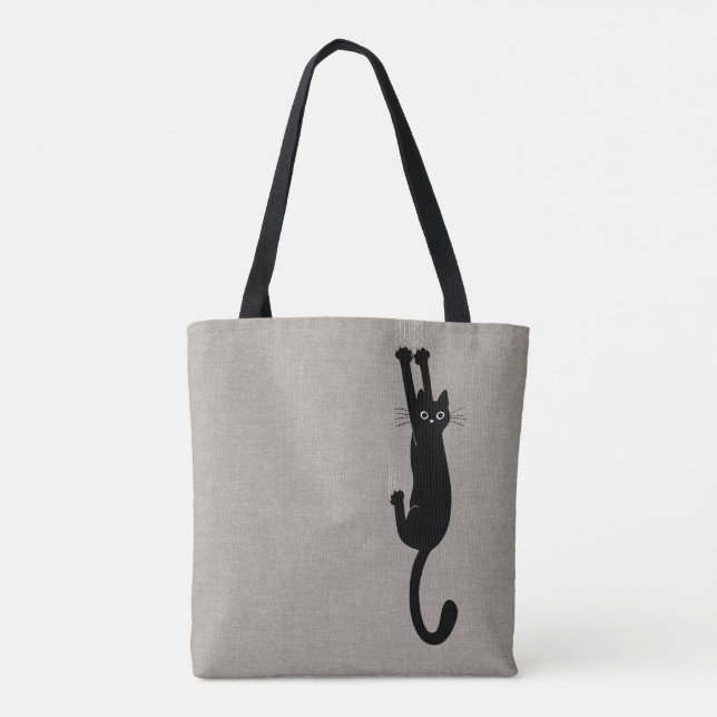 Funny Black Cat Hanging On | Humorous Kitty Tote Bag (Back)