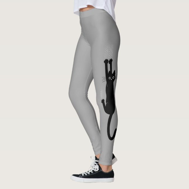 Funny Black Cat Hanging On | Kitty Lover's Novelty Leggings (Left)