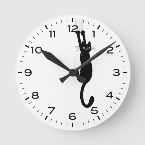 Funny Black Cat Hanging On  Round Clock