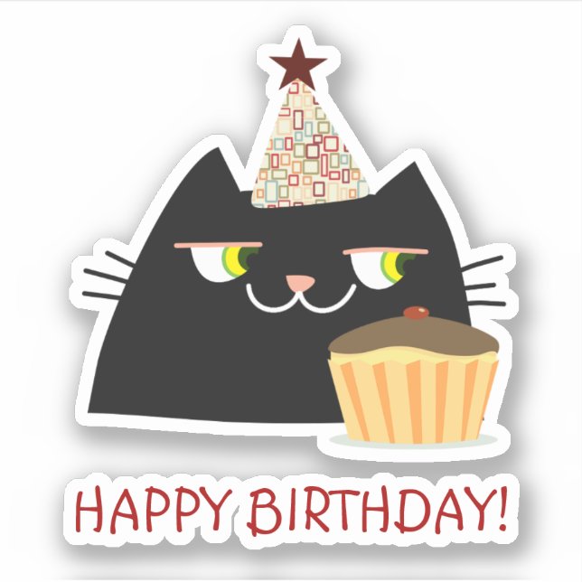 Funny Black Cat Happy Birthday Sticker (Front)