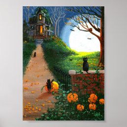 Funny Black Cat Haunted House Trees Creationarts Poster