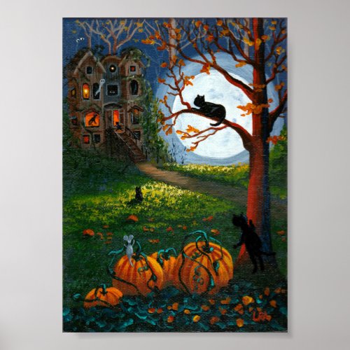 Funny Black Cat Haunted House Trees Creationarts Poster