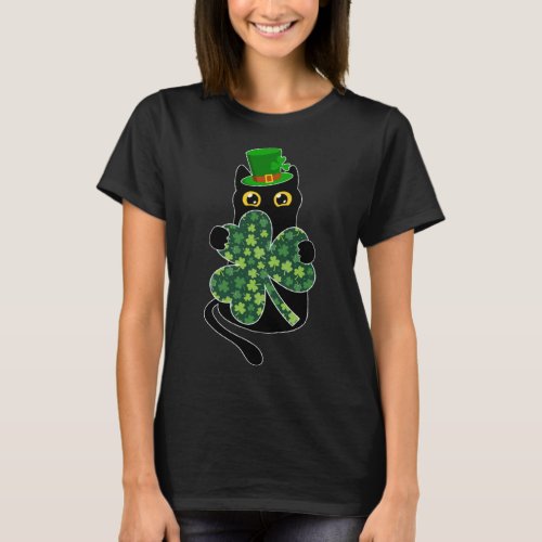 Funny Black Cat Holding Clover Shamrock St Patrick T_Shirt