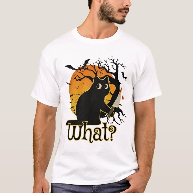 Funny Black Cat Holding Knife Halloween T-Shirt (Front)