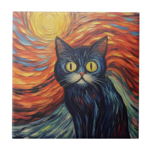 Funny black cat image by Edvard Munch inspired art Ceramic Tile