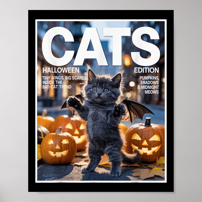 Funny Black Cat In Bat Costume Cute Halloween Zine Poster (Front)