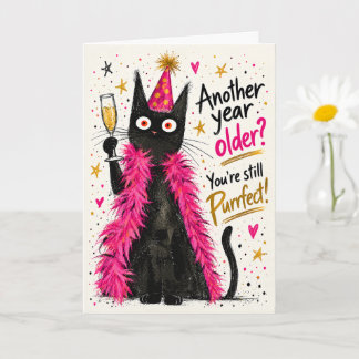 Funny black cat in pink feather boa birthday card