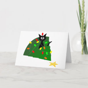 Funny Black Cat in Tree Christmas Card