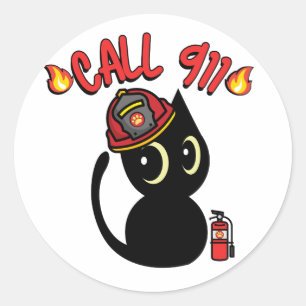 Funny Black cat is a firefighter Classic Round Sticker
