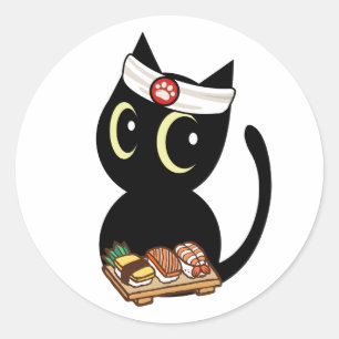 Funny black cat is a sushi chef classic round sticker