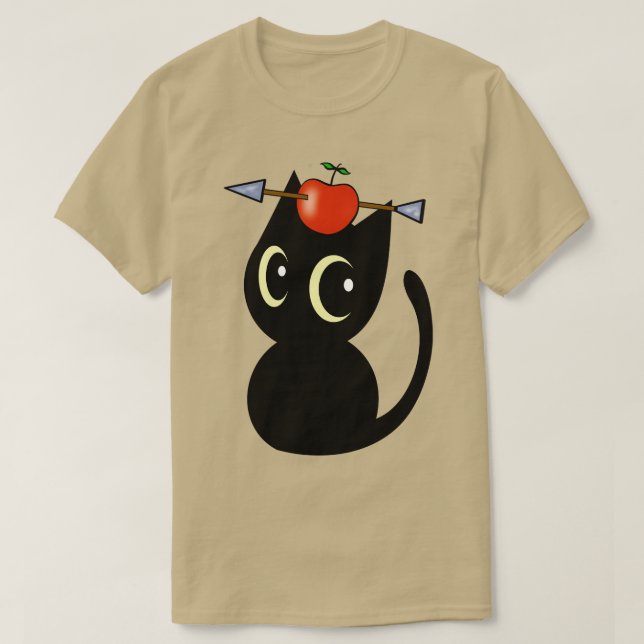 Funny Black Cat Is Playing William Tell With An Ap T-Shirt (Design Front)