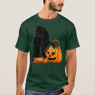 Funny Black Cat Jack O' Lantern Pumpkin Sweet Cand T-Shirt