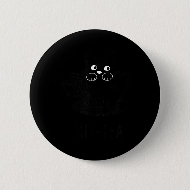 Funny Black Cat Kit-Tea Graphic Button (Front)