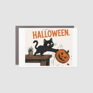 Funny Black Cat Knocking Over Pumpkin Halloween Car Magnet