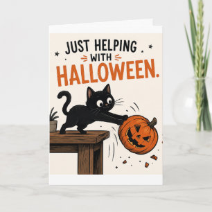 Funny Black Cat Knocking Over Pumpkin Halloween Card