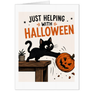 Funny Black Cat Knocking Over Pumpkin Halloween Card