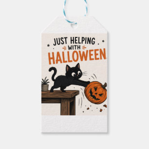 Funny Black Cat Knocking Over Pumpkin Halloween Gift Tags