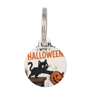 Funny Black Cat Knocking Over Pumpkin Halloween Pet ID Tag