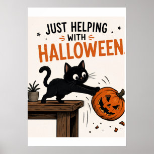 Funny Black Cat Knocking Over Pumpkin Halloween Poster