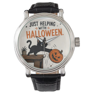 Funny Black Cat Knocking Over Pumpkin Halloween Watch