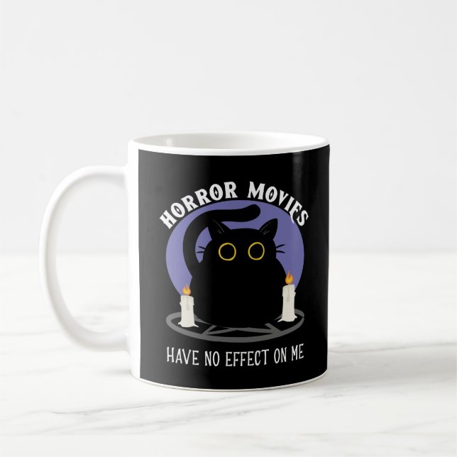 Funny Black Cat Loves Horror Movie Coffee Mug (Left)