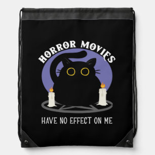 Funny Black Cat Loves Horror Movie Drawstring Bag