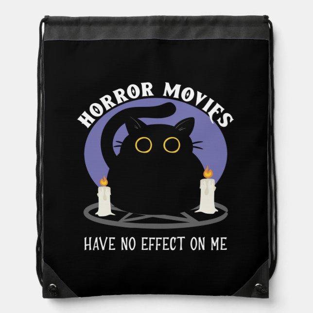 Funny Black Cat Loves Horror Movie Drawstring Bag (Front)