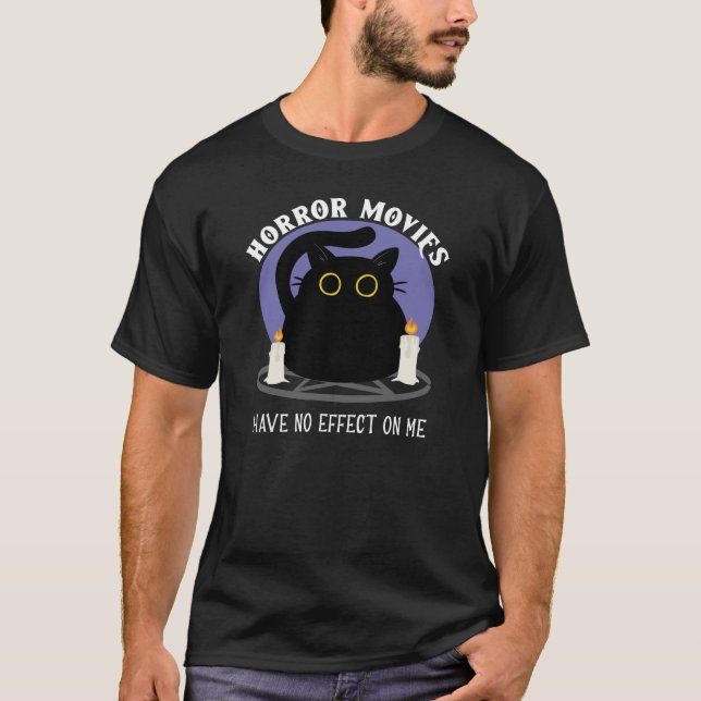 Funny Black Cat Loves Horror Movie T-Shirt (Front)