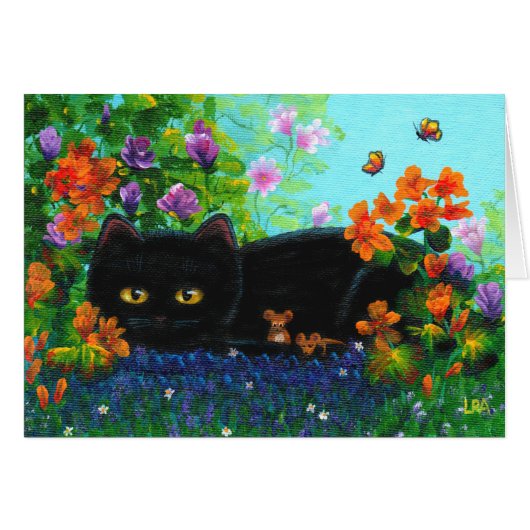 Funny Black Cat Mice Flowers Creationarts Cards (Front Horizontal)