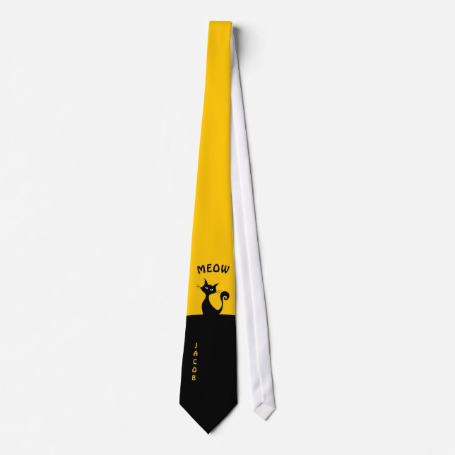 Funny Black Cat Minimal Art, Your Name Tie (Front)